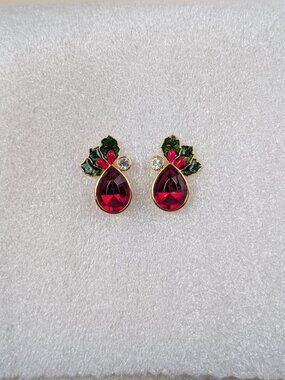 Vintage Avon Mistletoe Pierced Earrings Red Green Gold Tone
